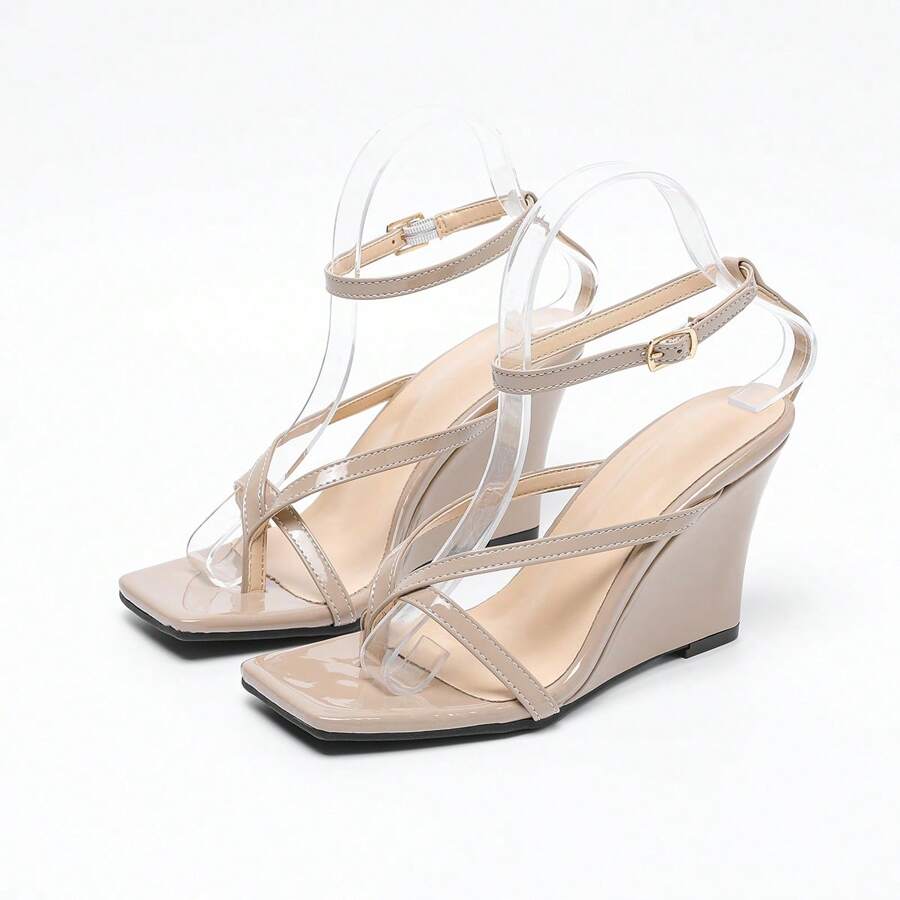 Sandalias de plataforma con tiras cruzadas de punta cuadrada, zapatos de tacón alto versátiles de moda, suela gruesa, disponibles en tallas grandes para mujeres