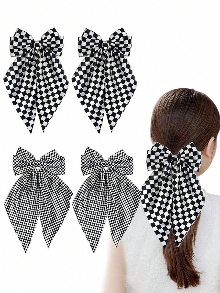 4PCS Big Checkered Bow Hair Clips Small Checkered Large Bow Hair Clips Black White Checkered Pattern Hair Bows For Women Girls Ponytail Long Tail Big Hair Bows Accessories