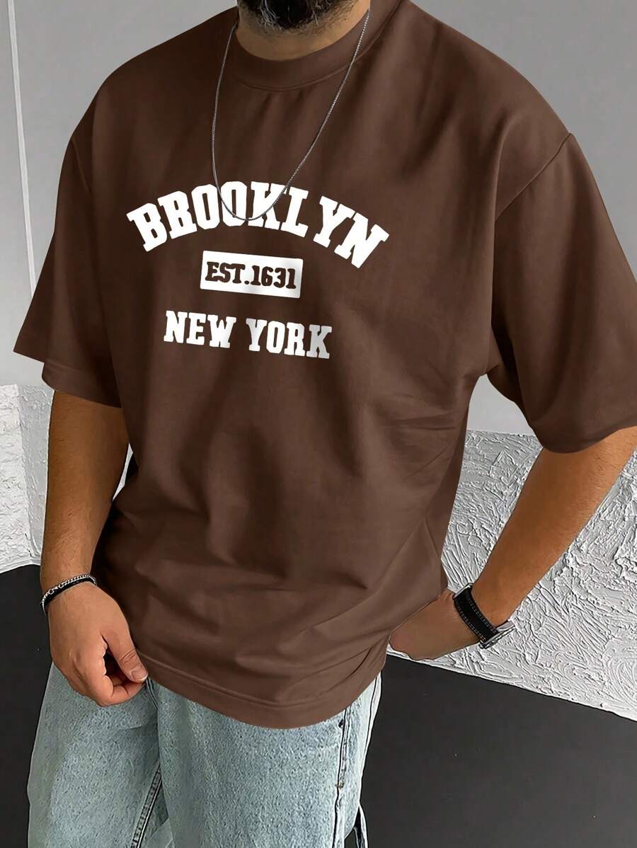 Camiseta de manga corta casual con cuello redondo y estampado de letras para hombre, apta para uso diario