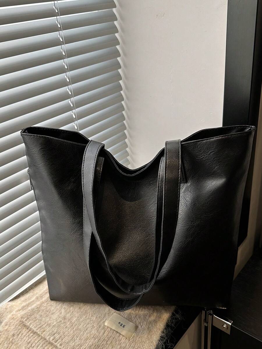 Fashionable Versatile Solid Color New PU Leather Shoulder Tote Bag, Casual Minimalist Vintage College Style Large Handbag For Women