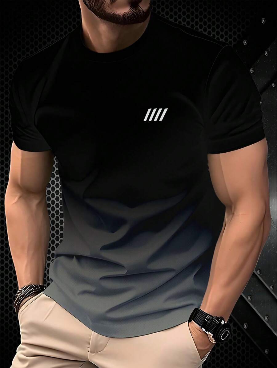 Camiseta casual de manga corta para hombre, con diseño minimalista personalizado de 4 rayas en degradado de negro a gris, transpirable