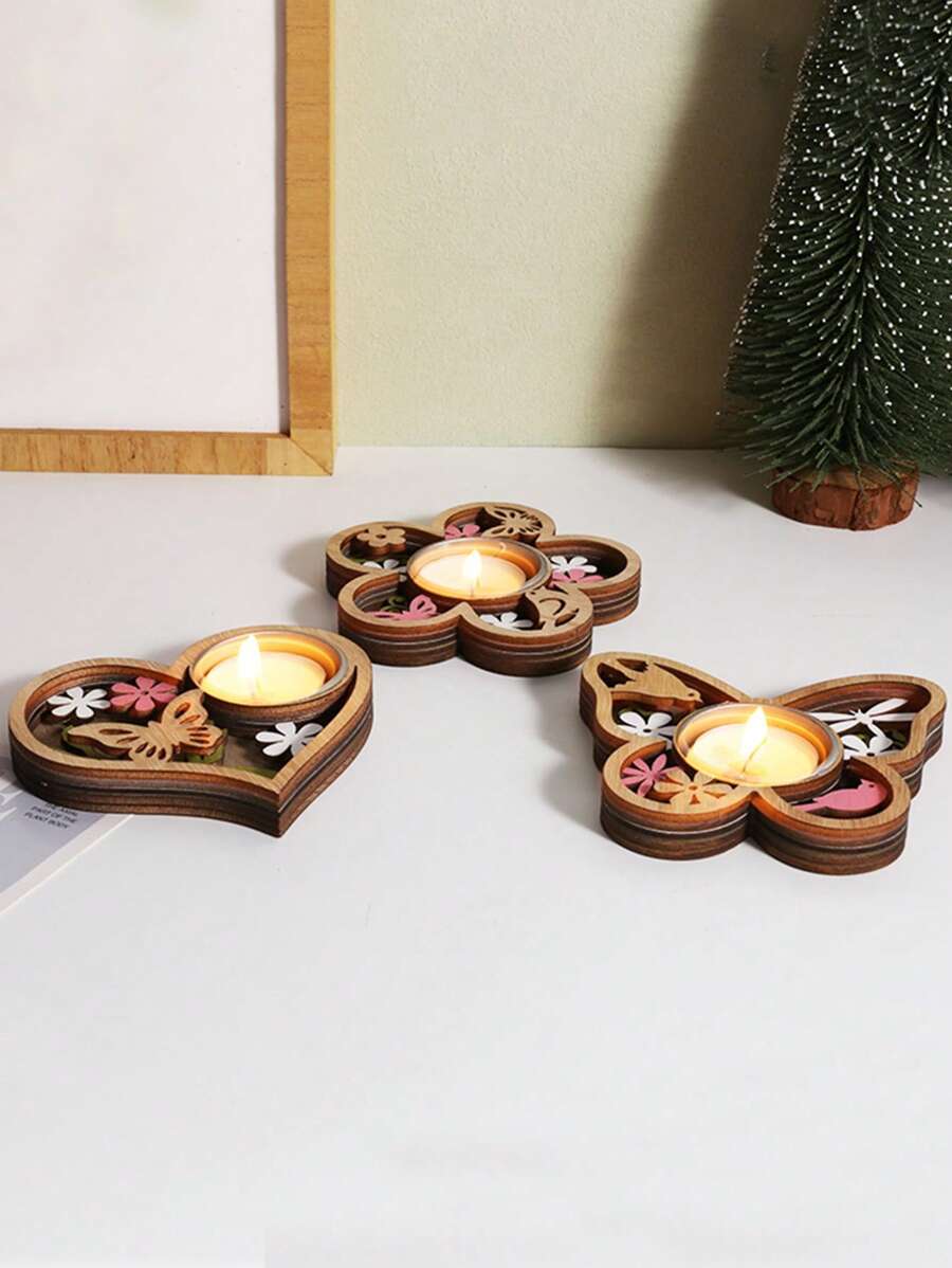 1pc, Wooden Flowers, Butterflies, And Hearts Shape Candle Holder, Wooden Crafts Candlestick, Festival Desktop Home Decor, Party Supplies Gifts Birthday Graduation,Wedding