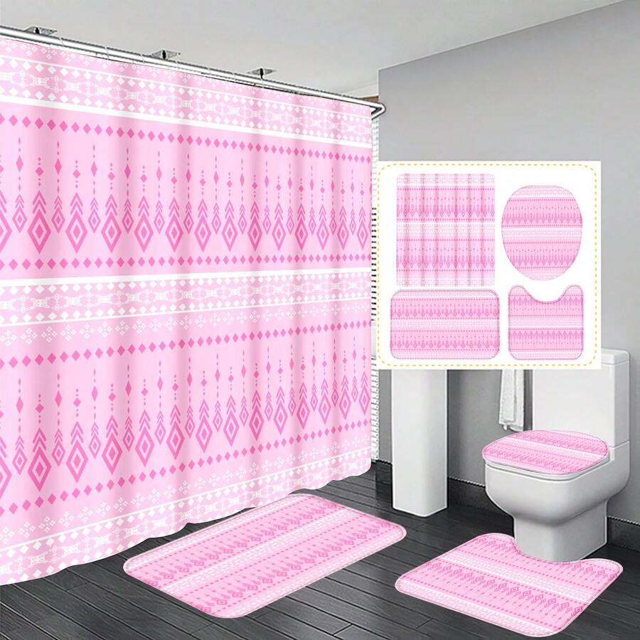 1pc/4pcs Bohemian Multifunctional Bathroom Decor Set: Waterproof Shower Curtain With 12 Hooks, Non-Slip Bath Mat, U-Shaped Floor Mat And Round Toilet Seat Cover, Applicable For Full Bathroom Scenarios