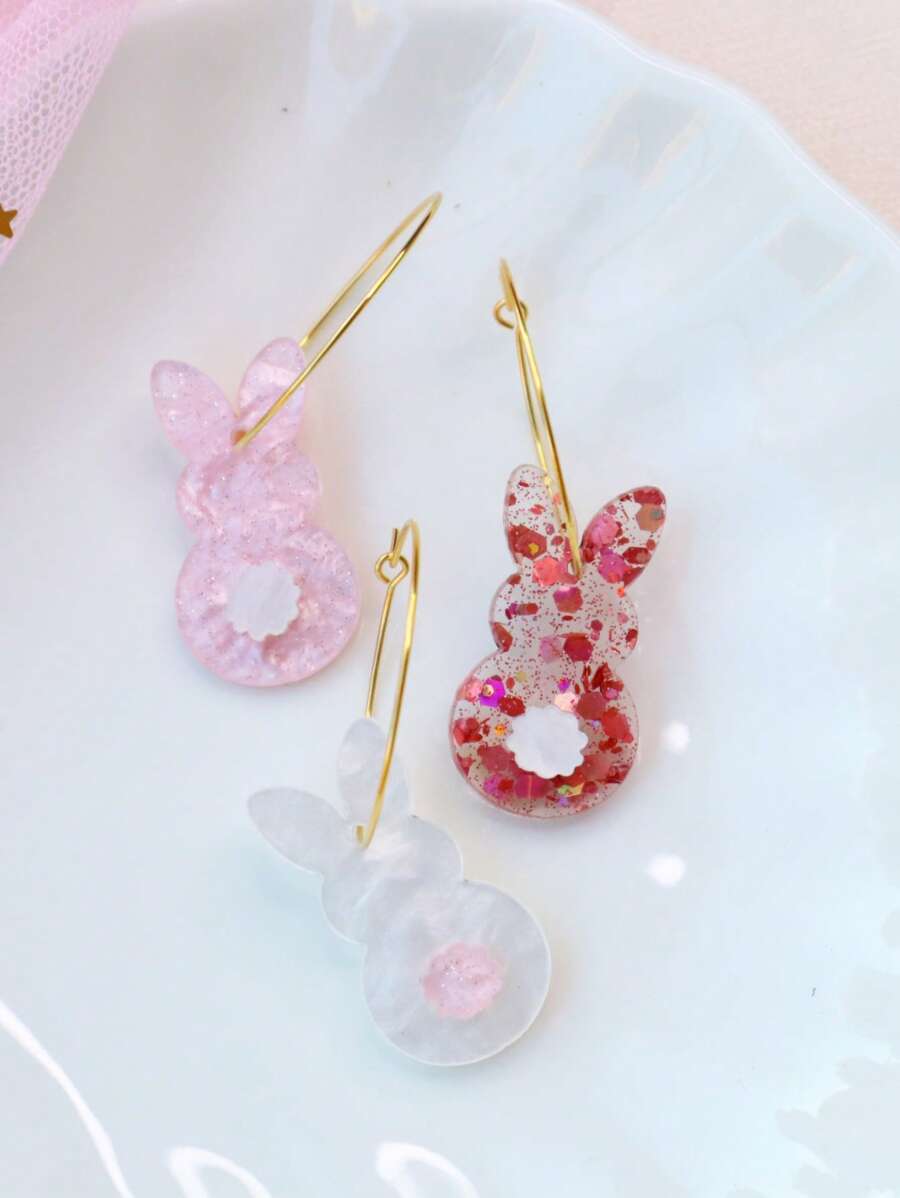 1 Pair Acrylic Bling Bling Rabbit Ear Hoops And Cute Rabbit Tail, Sweet And Fun, Suitable As Gift For Women, Holiday Gift, Earrings