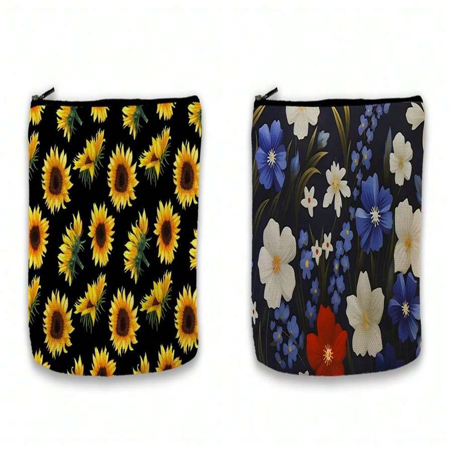 1 pieza Bolsa de maquillaje con estampado de girasol, estuche de cosméticos con flores rojas, blancas y azules, adecuado como regalo de festival