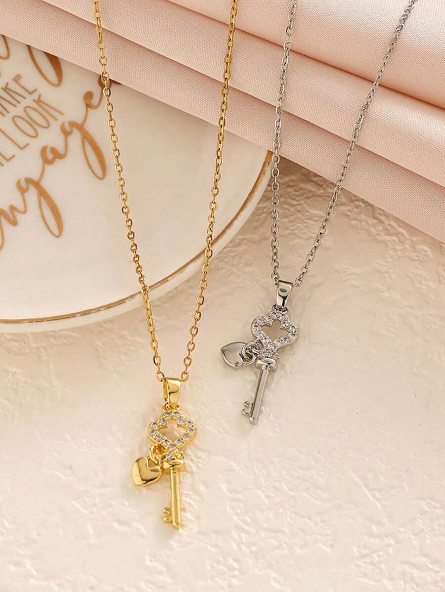 1pc Fashion Rhinestone Key Heart Pendant Necklace, Versatile, Delicate, Chic, Refined, Collarbone Necklace For Women