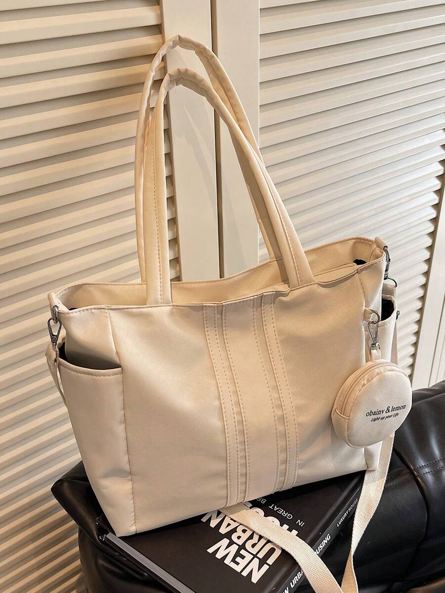 New Casual Solid & Striped Pattern Multi Pocket Shoulder Tote Bag, Suitable For Commuting, Shopping, School, Includes Coin Purse, Women