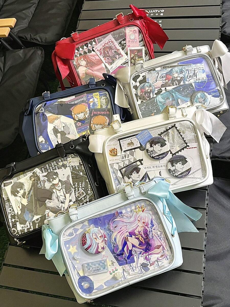 Nova bolsa transparente estilo japonês com fita, bolsa transparente grande com alça de ombro, feminina (cartão e crachá são apenas para referência, não incluídos)