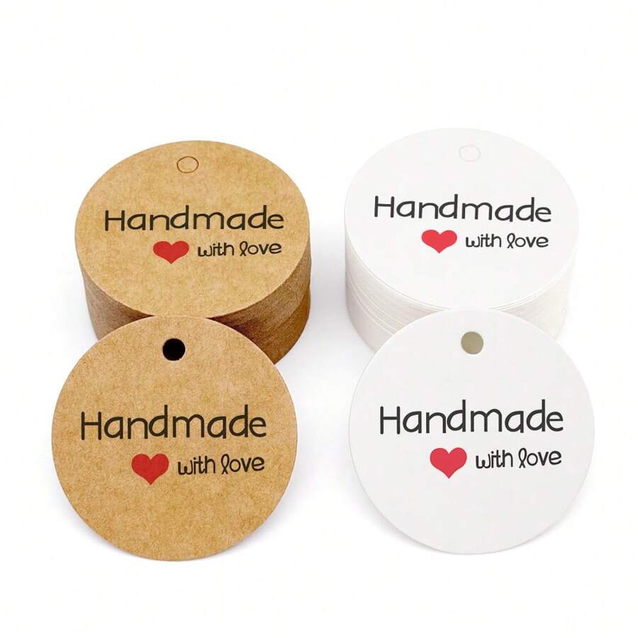 100PCS Handmade Kraft Paper Gift Tags With Letter "Handemade With Love" - For Birthday, Parties, Holidays, Wedding Decor & Crafts