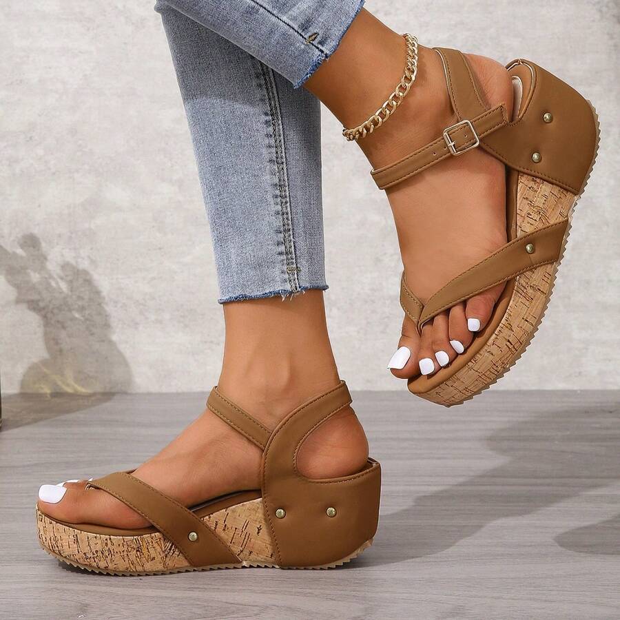 Women's Strap Open-Toe Chunky Platform Sandals, Brown, Spring/Summer