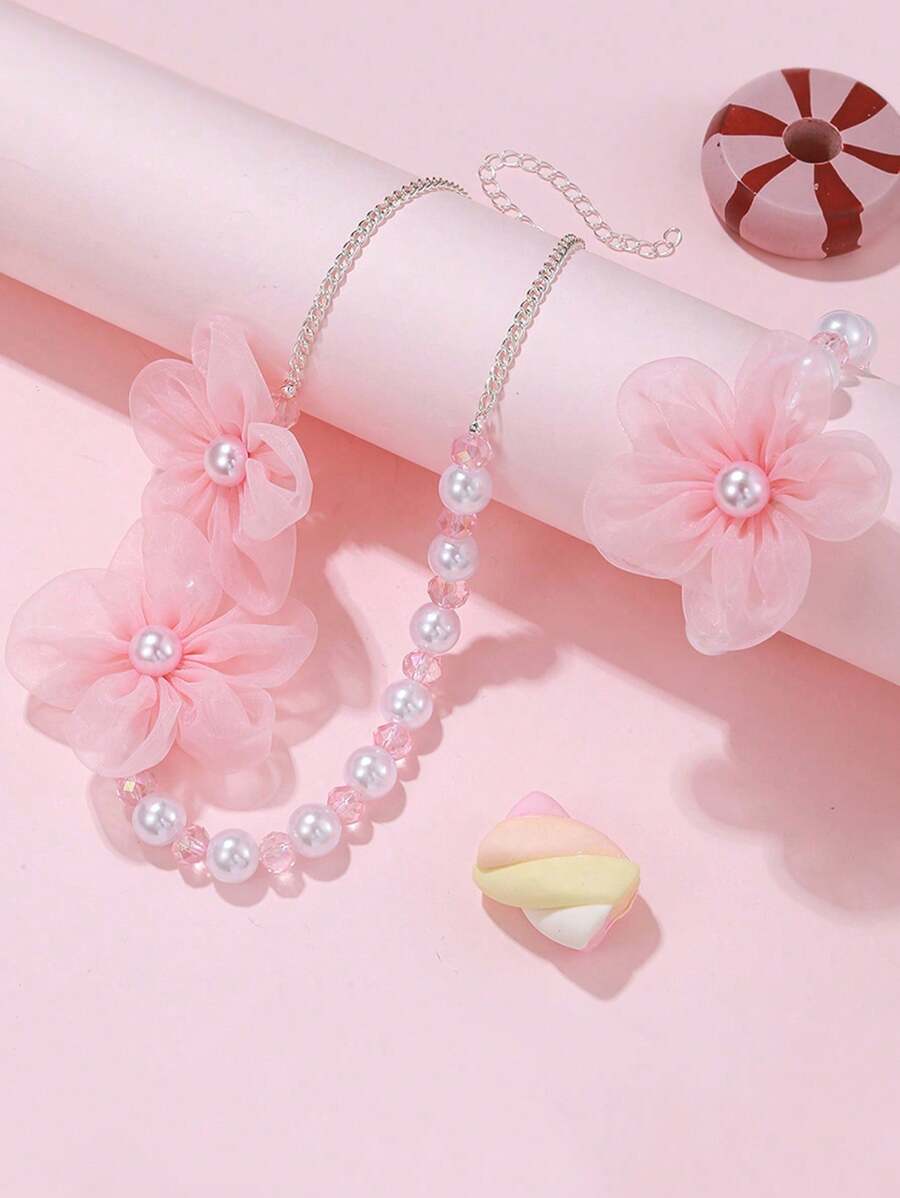 2pcs/Set Handmade Pink Chiffon Flower Pearl Beaded Bracelet & Necklace Set, Suitable For Daily Wear, Kid's Jewelry