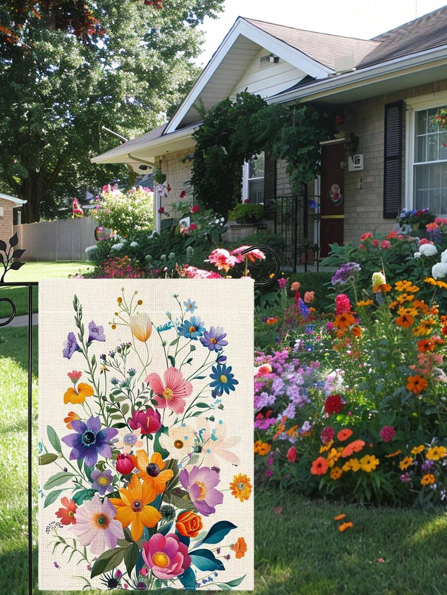 Outdoor Colorful Flower Garden Flag, Spring And Summer Garden Flag, Bright Flower Printing, Outdoor Lawn And Courtyard Flag Decoration, Excluding Flagpoles, 12*18inch Birthday Decorations Wedding Decor Party Decor Banner Gifts Graduation