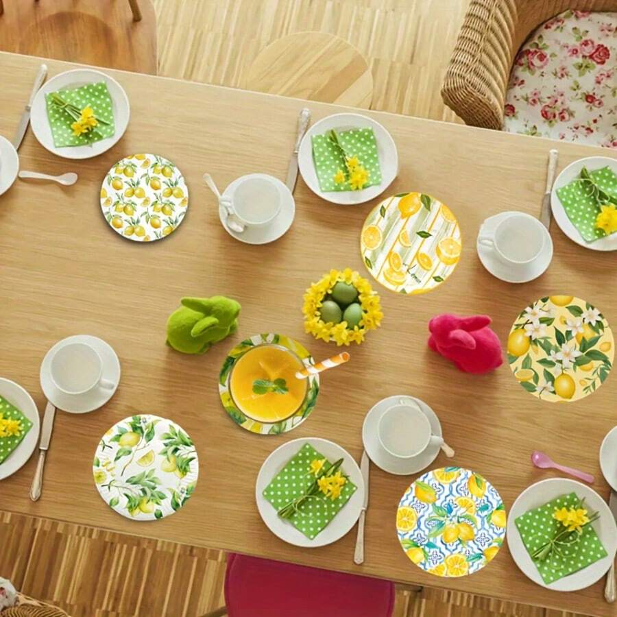 Een set van 6 houten onderzetters met citroenpatroon, antislip- en hittebestendige matten in artistieke stijl, geschikt voor keuken en woonkamer, ideaal als kerst-, nieuwjaars- en verjaardagscadeau