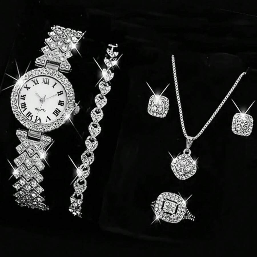 6 pièces/set Montre à quartz élégante pour femmes avec bracelet, boucles d'oreilles, collier et bague assortis aux multiples diamants et motif d'écailles romaines. Convient pour une utilisation quotidienne.