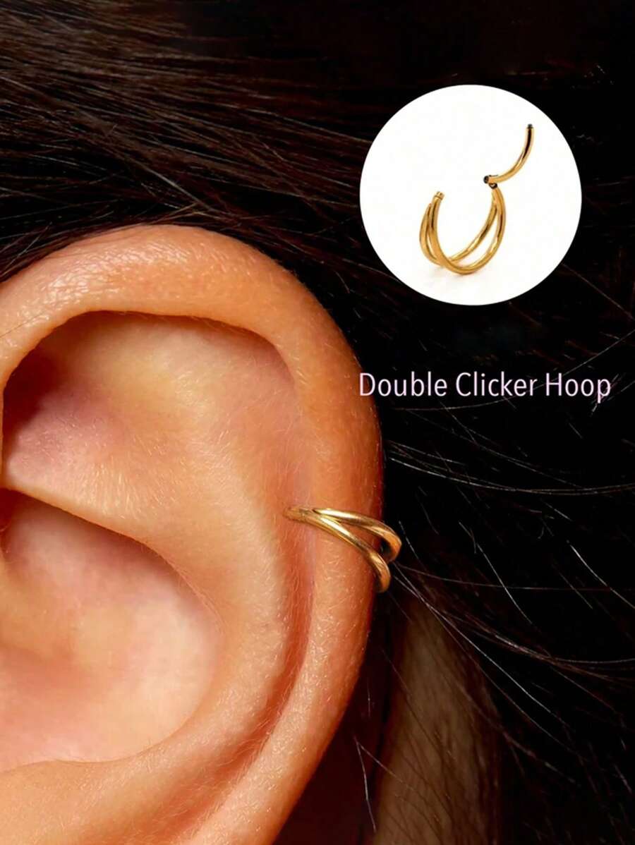 1 pièce Boucles d'oreilles à double anneau pour piercing unique, plaquées or 14 carats hypoallergéniques légères en argent double, anneaux Huggie pour cartilage, hélix, rook, tragus, piercing pour femmes en acier inoxydable 316L. Clicker de septum 16G, bijoux de piercing de conque, clicker de septum, anneaux de lèvre