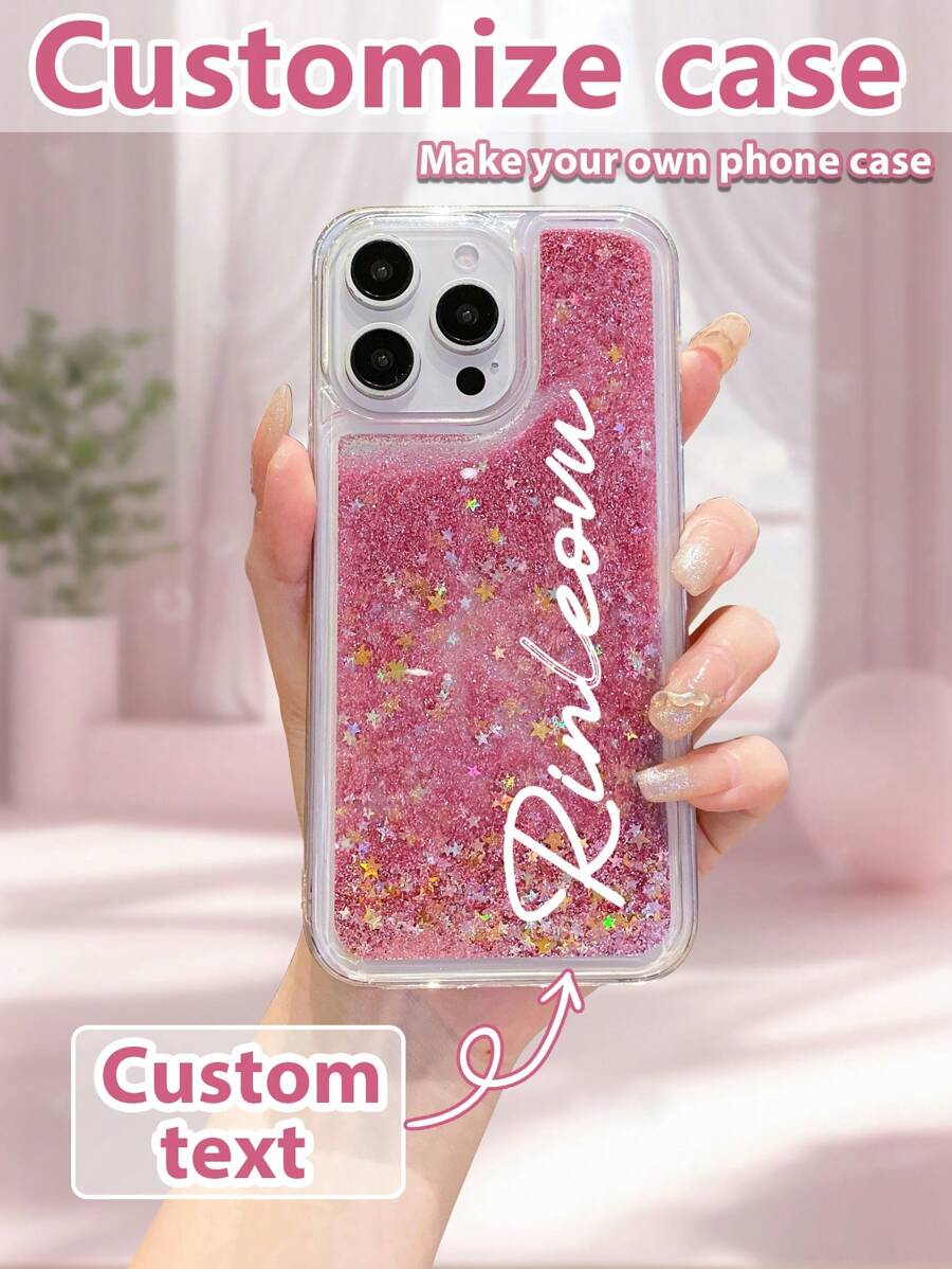 1 pieza Funda de teléfono con texto personalizable, líquido brillante y combinación de TPU y PC, suave y dura, compatible con modelos de teléfono Apple/Android, funda de teléfono con líquido en movimiento interesante para OPPO