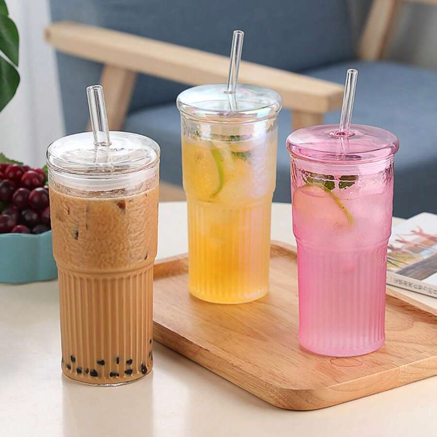 1pc Milk Tea/Cold Drink Glass Cup With Straws, Minimalist Vertical Stripe Water Cup, High-End Appearance Coffee Cup Suitable For Restaurant, Bar, Home, Holiday Party, Glass Jar, Transparent Pearl Milk Tea Cup, Fruit Juice Beer Cup, Milk Mocha Cup, Breakfast Cup