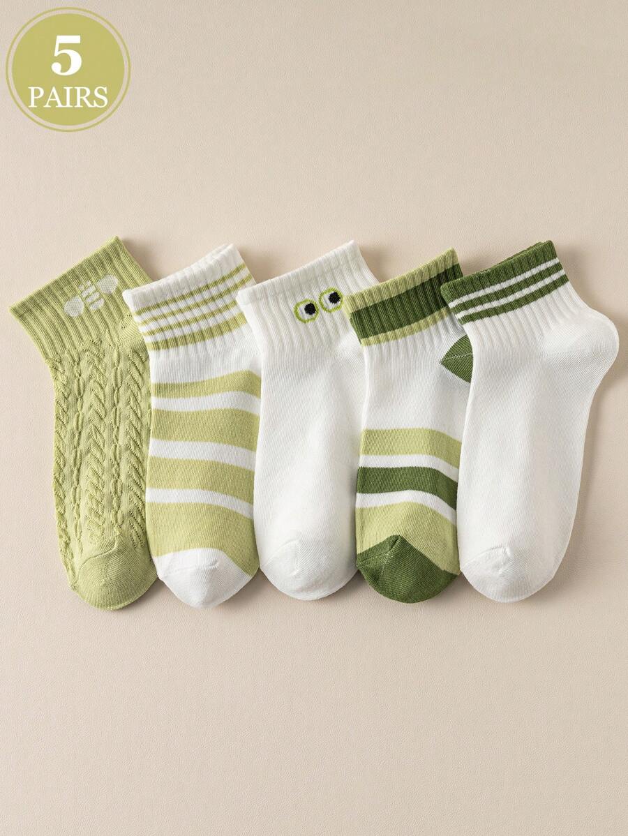 Fresh Green & White Stripe, Eye & Bee Pattern Comfortable Breathable Sweat-Absorbent Casual, Campus, Sports Socks For Women, Spring/Summer