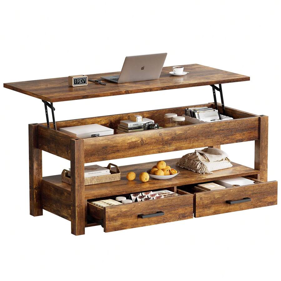 Lift Top Coffee Table With 2 Drawers,Wooden Convertible Coffee Table With Storage For Living Room,Center Table,Brown,42"