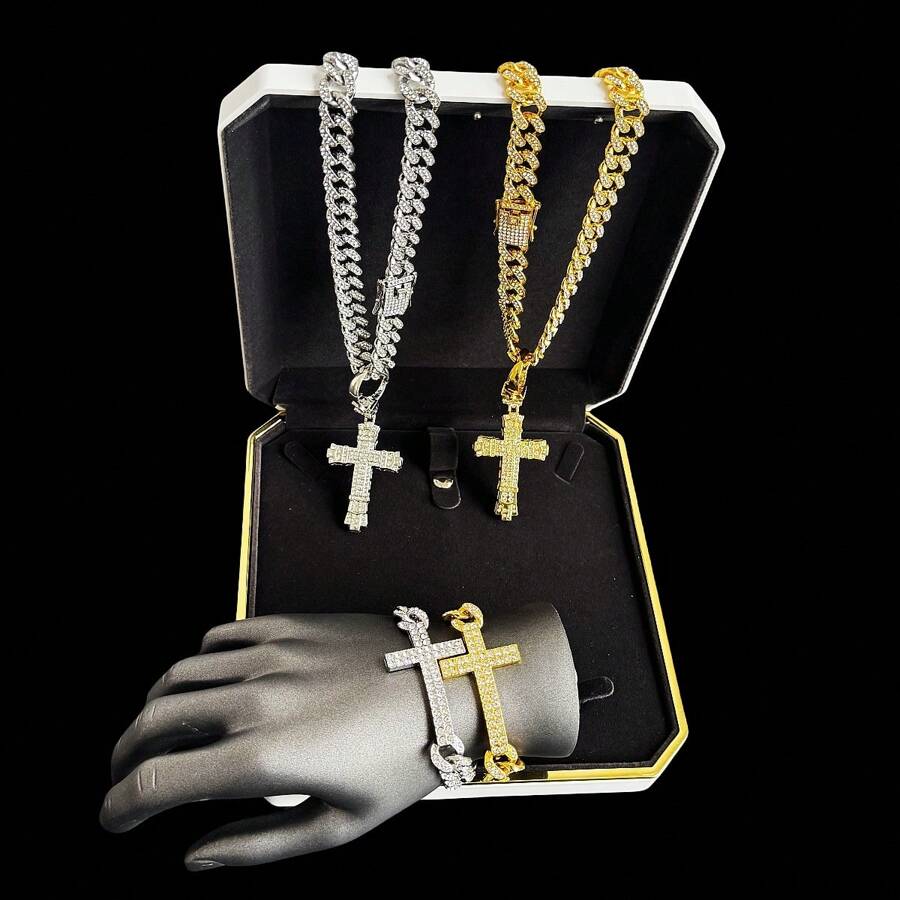 Juego de collar, pulsera, colgante de cruz y anillo con incrustaciones de cristal tipo cubana, diseño clásico de broche de barba chapado en oro, incrustación de strass de 13 mm, estilo de moda callejera de hip-hop, disponible en colores oro y platino, múltiples tallas