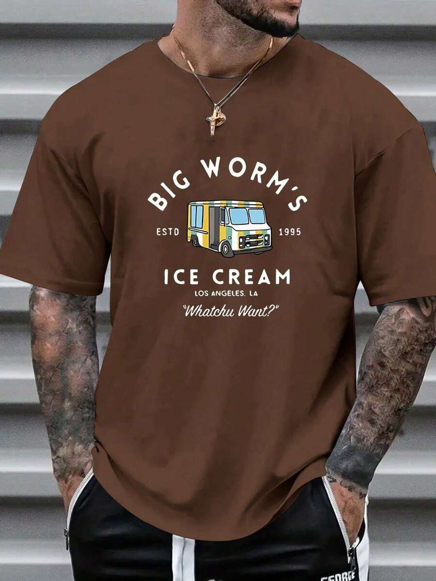 Men's Casual Slogan & Car Graphic Print Short Sleeve Round Neck T-Shirt, Suitable For Commuting, Summer
