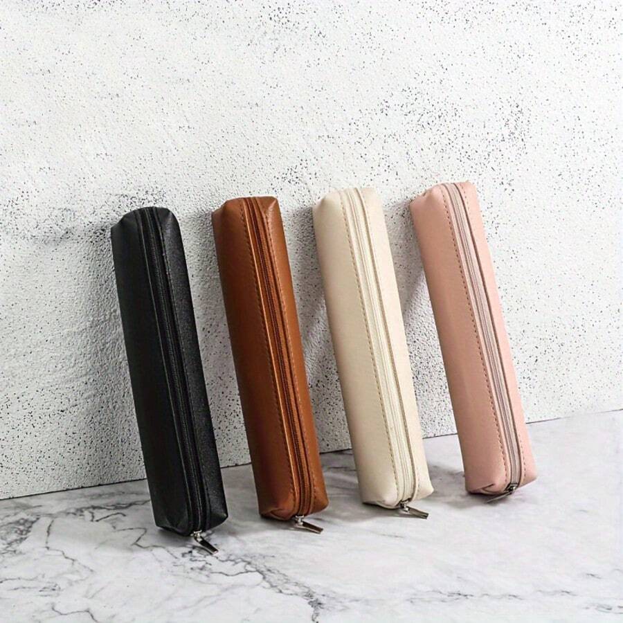 1 pièce Sac de maquillage chic - Étui à crayons mini élégant en noir, marron, beige et rose avec fermeture éclair. Parfait pour les pinceaux à sourcils et les produits de beauté essentiels. Étui à crayons portable, accessoire de mode élégant avec fermeture éclair métallique. Idées cadeaux : organisateur de voyage de maquillage, accessoires avec fermeture éclair
