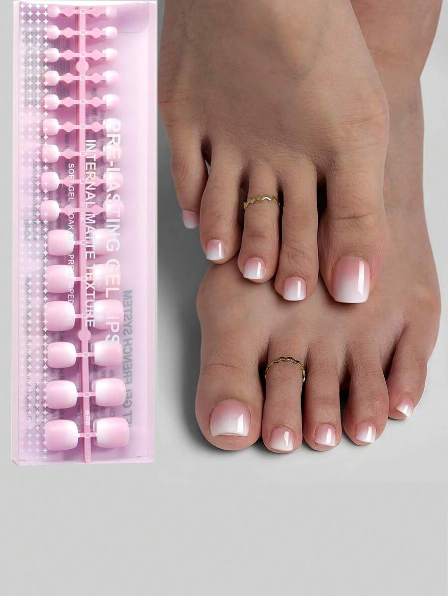 150pcs Short Square Brown/Pink Adhesive Gel Nail Tips, 15 Sizes Option, Short French Ombre Matte False Toenail Decoration Suitable For Women & Girls Toe Nails