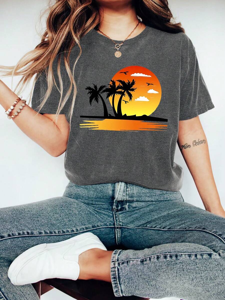 Beach Sunset Cartoon Letter Graphic Print T Shirt, Short Sleeve Crew Neck Casual Top For Summer & Spring, Women's T-Shirt