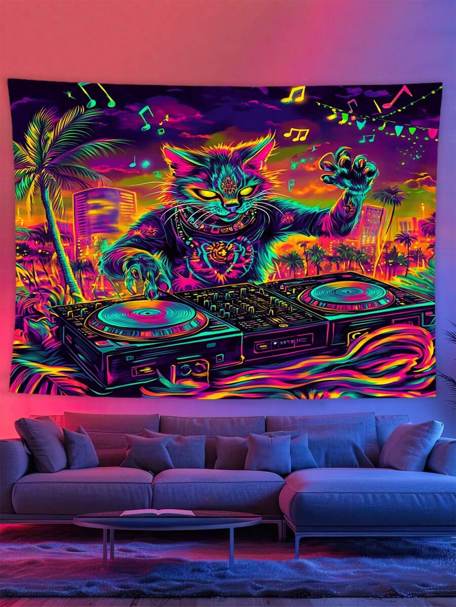 Tapisserie réactive aux ultraviolets Tapisserie Chat Musique Fluorescent dans le Noir Atmosphère Tapisserie Murale Esthétique pour Chambre à Coucher