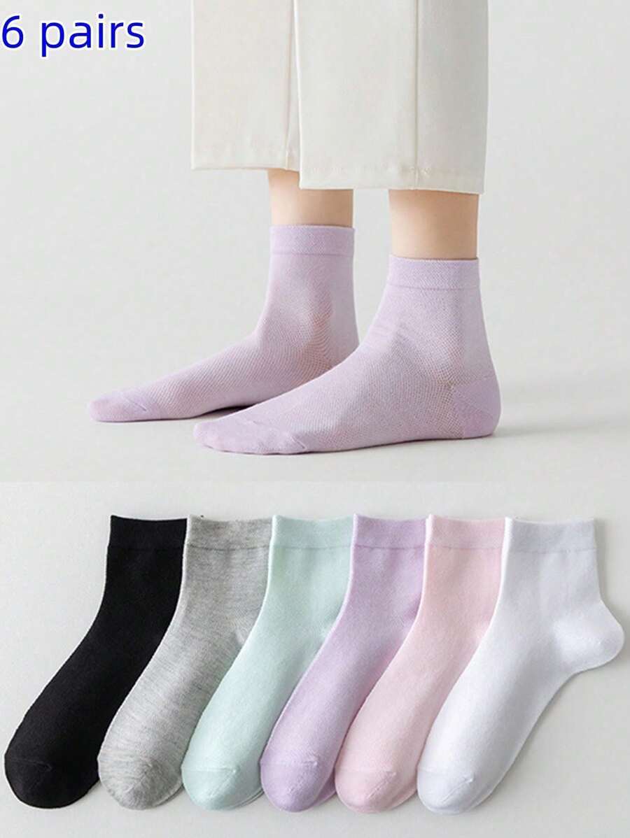 6 Pairs Of Thin Socks Women's Summer Cotton Socks Mesh Breathable Solid Color Cotton Mid-Tube Socks Spring Summer Cotton Socks Women's Stockings