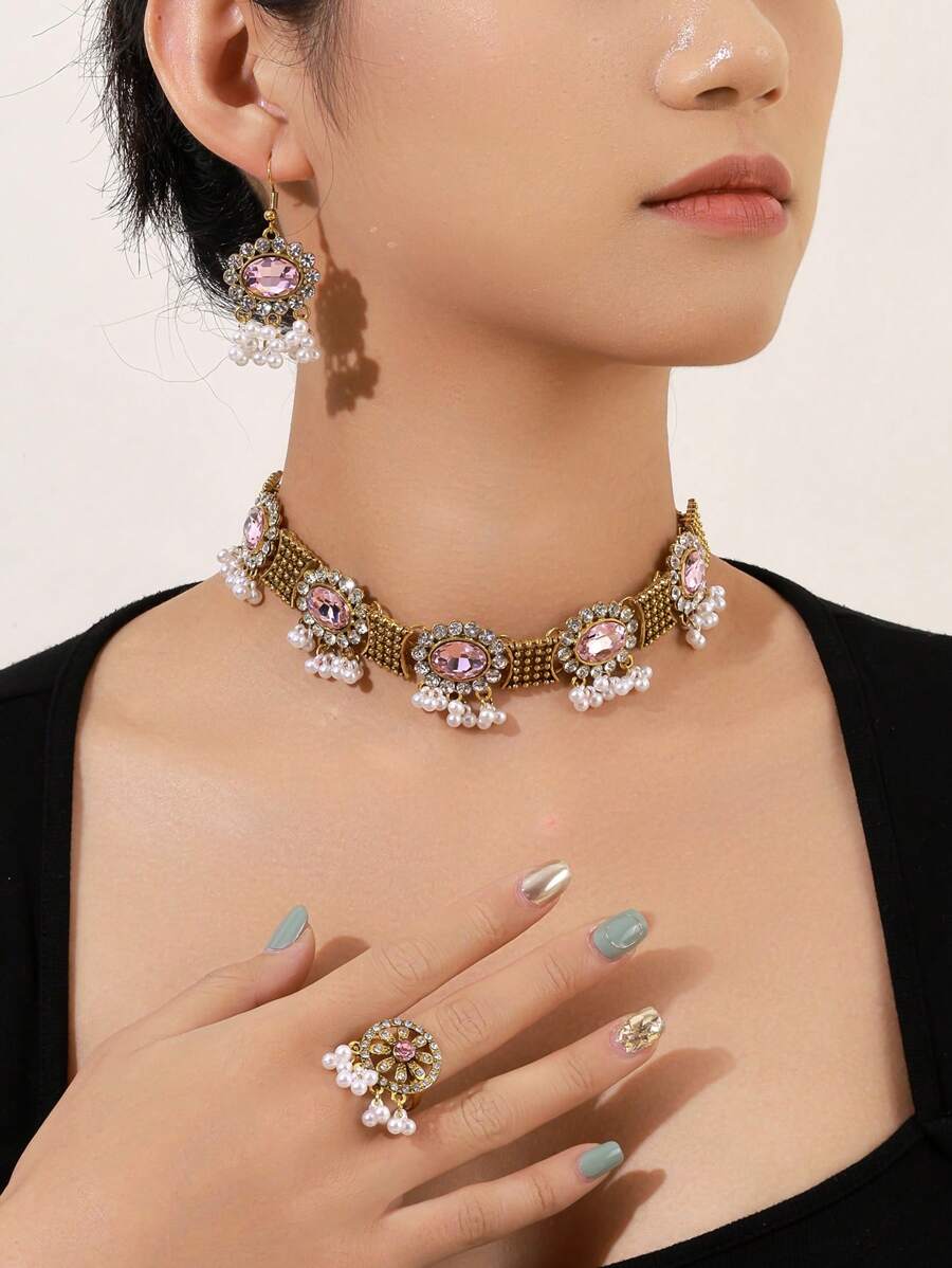 4pcs/Set European & American Vintage Palace Style Women Jewelry Set: 1pc Sapphire Crystal Glass Faux Pearl Tassel Pendant Necklace, 1 Pair Earrings, 1pc Rhinestone Ring
