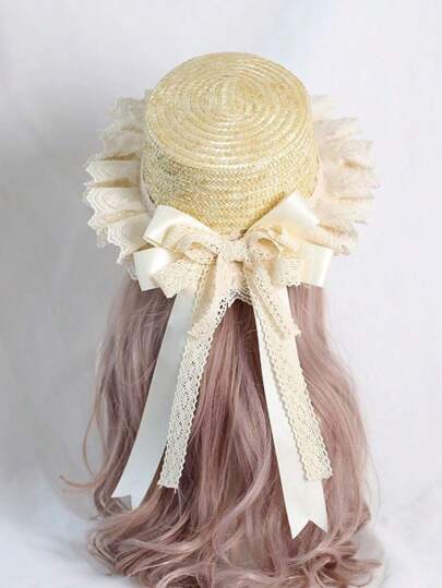 1pc Bowknot Bohemian Style Grass Hat With Lace Stitching Embellishment, Beach Sun Hat, Suitable For All Seasons