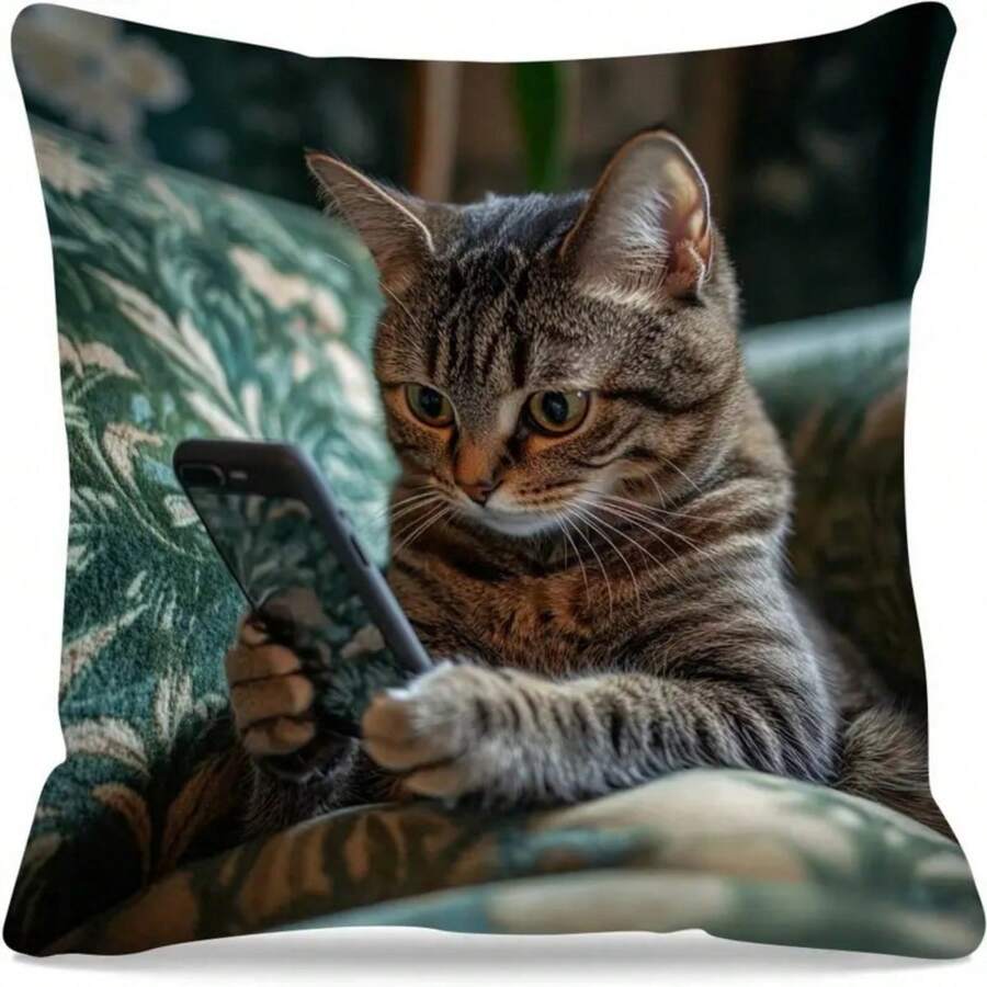 1 pièce Taie d'oreiller avec motif de chat gros tenant un téléphone. Housse de coussin en polyester pour la décoration de la chambre, du salon et du canapé. Accessoires complémentaires collection
