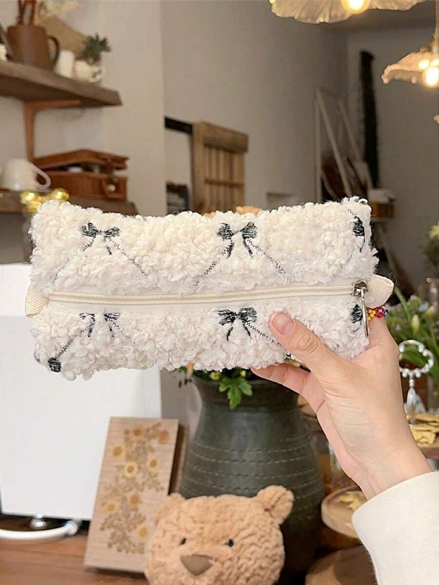 Premium Faux Fur Large Capacity Makeup Bag, Cosmetic Case For Skincare, Coins, Makeup Brushes, Eyeshadow, Lipstick, Ribbon Pen Box, Embroidered Pen Pouch, Female/Student Stationery Organizer, Earphone Accessory Storage