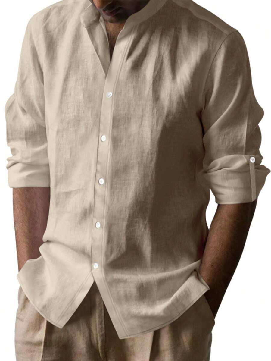 Camisa casual de hombre de cuello mao, corte slim, de lino, para primavera y otoño