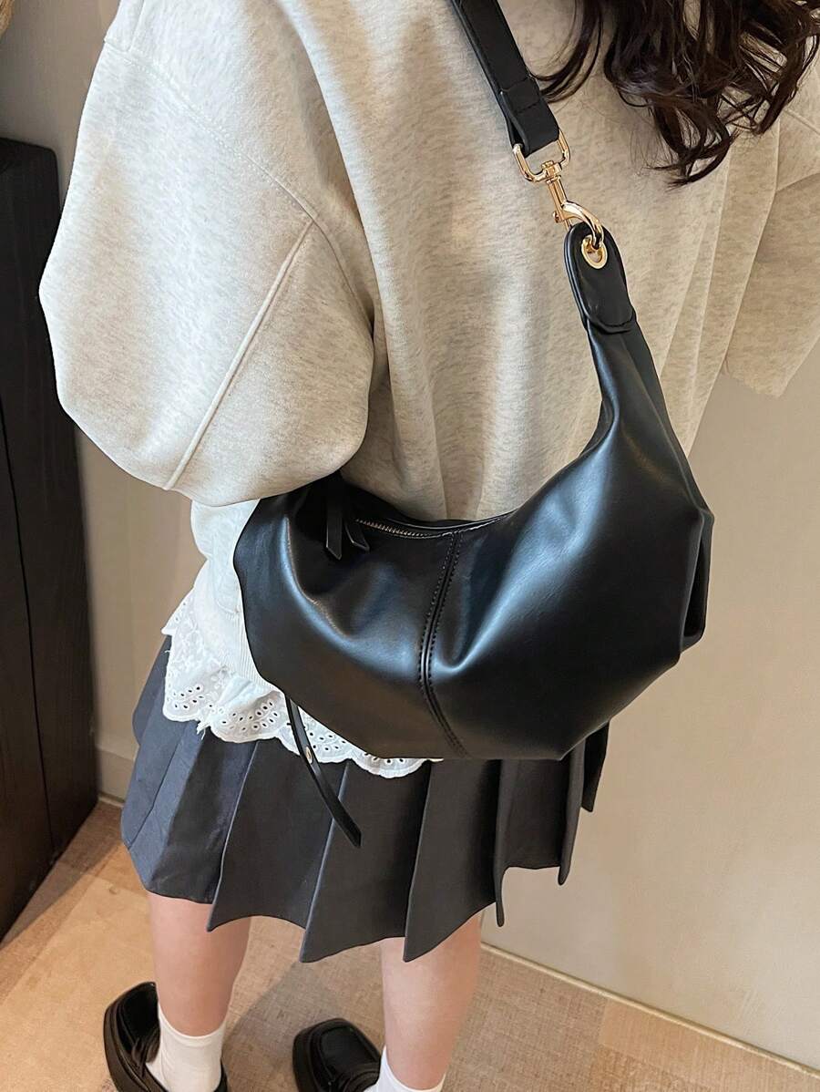 1pc Plain Color PU Shoulder Bag, Fashion High Capacity Crescent-Shaped Handbag Suitable For Women Outfit And Outdoor Shopping