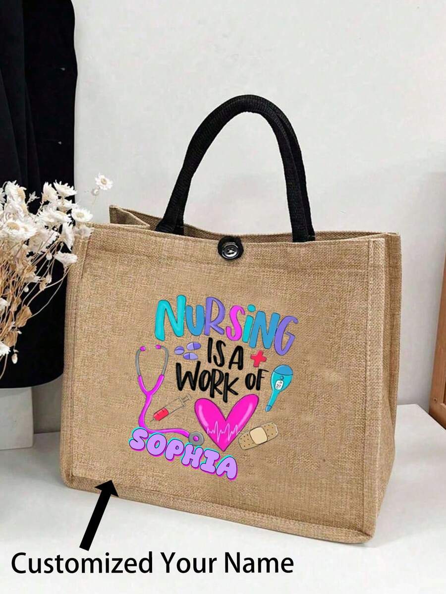 Personalized Nurse Doodle Makeup Bag, Customizable Birthday Celebration Tote Bag, Nurse Gift Ideas, Appreciation Gift, Stylish Shoulder Bag For Women's, Personalized With Name & State, Perfect, Stylish Linen-Colored Gift For Her