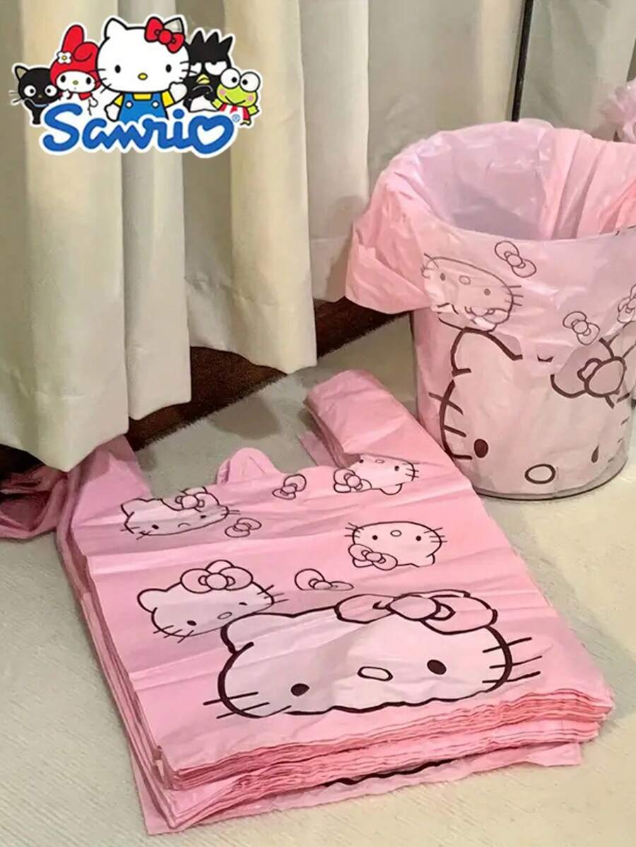 Sanrio 50 piezas Bolsas de basura desechables de diseño rosa de dibujos animados de Sanrio KTM de material PET, adecuadas para sala de estar, dormitorio, baño y cocina, solución de regalo y almacenamiento, bolsas de limpieza de diseño de dibujos animados lindos, bolsas de basura de escritorio Kawaii, botes de basura para el hogar, la oficina y la cocina, bolsas de almacenamiento para camping al aire libre