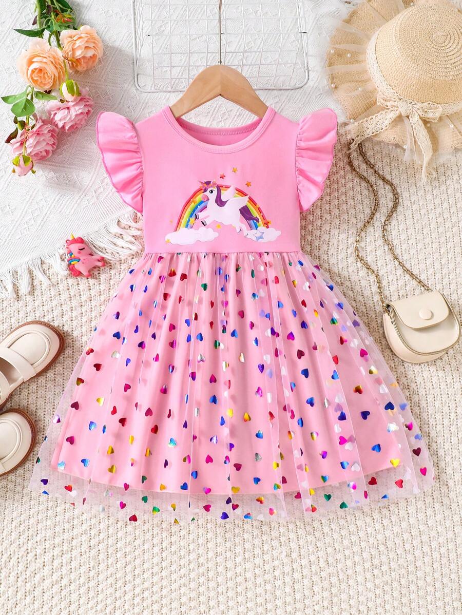 Vestito da ragazza giovane con gonna a ruffle con stampa di unicorno carino, adatto per primavera e estate