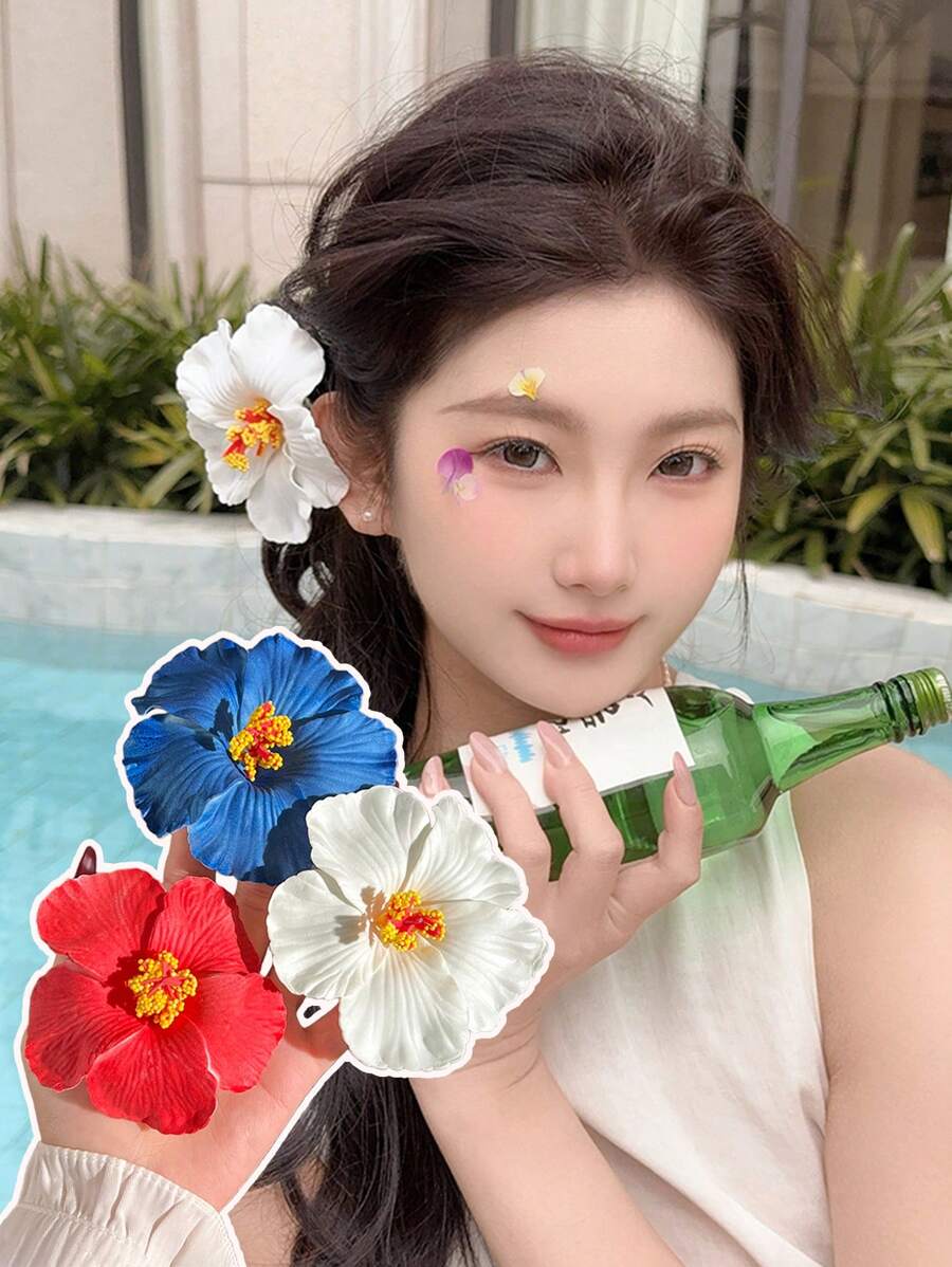 Set de 3 piezas/1 pieza de Horquillas para el cabello con flor de Hibisco hawaiano blanca/azul/roja de 4cm/1.57 pulgadas, de moda, versátiles, elegantes, sencillas, de unicolor, adecuadas para salidas diarias, ocio, fiestas, viajes, recogidos, coletas, lavado de cabello, maquillaje y combinación de atuendos