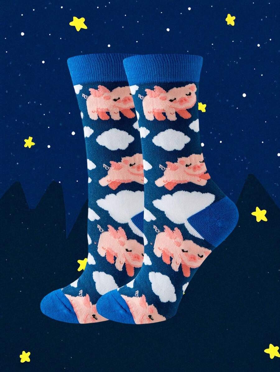 1 paire de chaussettes imprimées de cochons de bande dessinée, chaussettes tubes moyennes confortables et mignonnes, bas et collants pour femmes