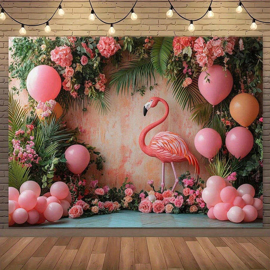 1 stuk roze flamingo- en bloemenballonachtergronddoek - unieke tropische decoratie met levendige rozen, Monstera-bladeren en zachte ballonnen, perfect voor babyshowers, bruiloften, verjaardagen en elegante evenementen, flamingodecoraties