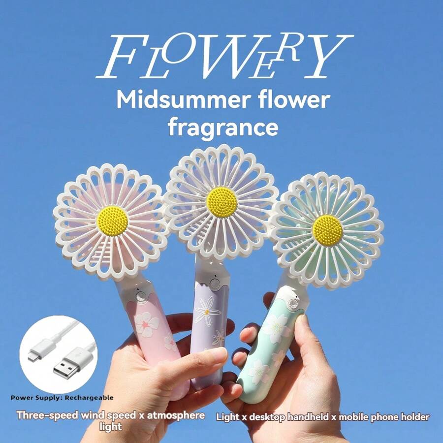 1st Daisy Handheld Fan, met standaardontwerp, 3 windsnelheden, sfeerverlichting, draagbaar en tafelmodel voor twee doeleinden, telefoonhouder, 1200mAh batterijcapaciteit, perfect om koel te blijven, video's te kijken, te genieten van afternoon tea, essentieel voor de zomer, frisse kleur, lange batterijduur, geschikt voor kamperen, bijeenkomsten, picknicks
