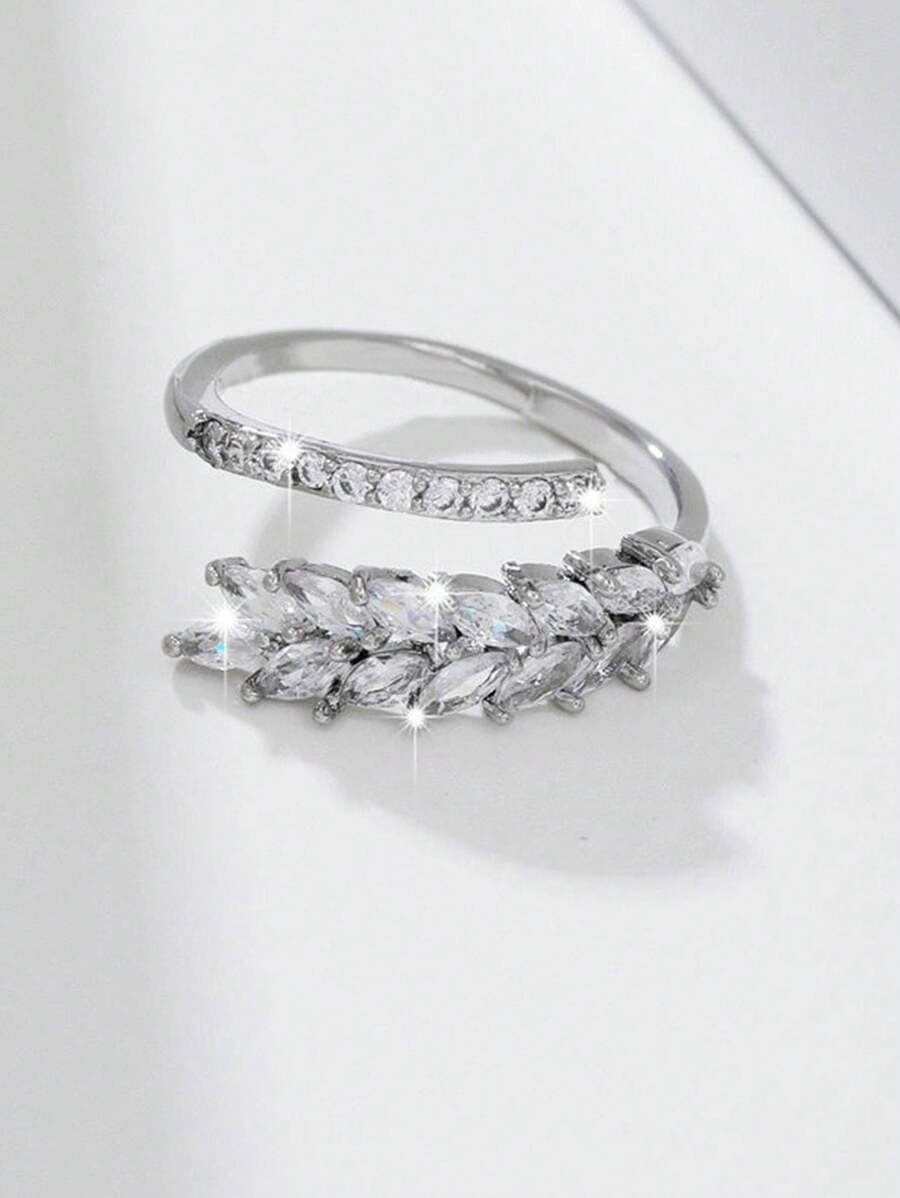 Anillo de diseño abierto de la moda con estilo de espiga decorado con zirconia, anillo de dedo de mujer de cobre lujoso y ajustable