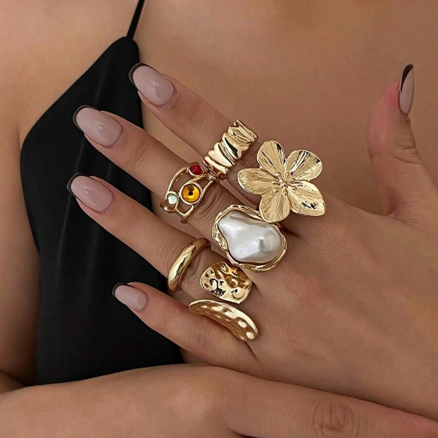 6pcs/Set Baroque Inspired Faux Pearl Flower Ring Set, Vintage Retro Bold Adjustable Cocktail Rings For Women