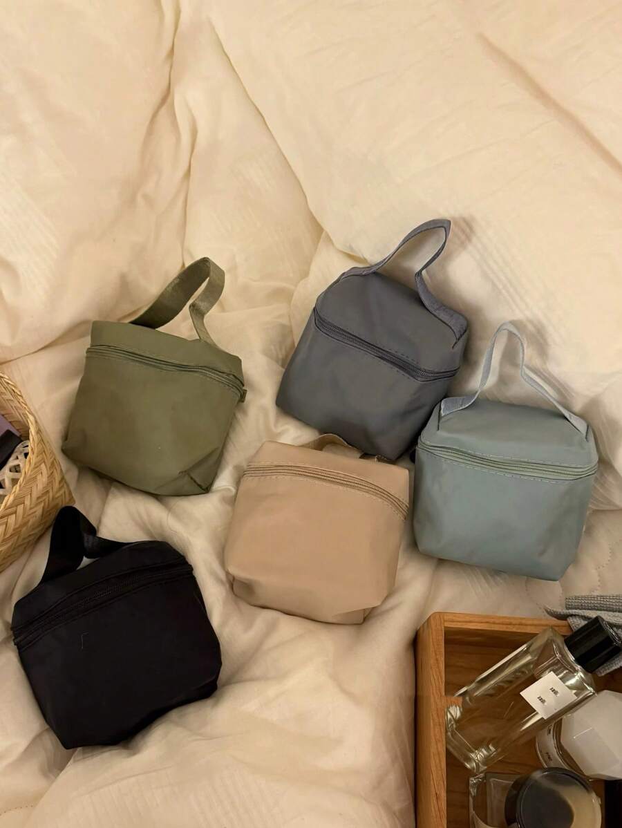Solid Color Mini Square Cosmetic Bag, Simple & Elegant Nylon Zipper Makeup Bag, Washbag, Organizer For Home, Travel, Daily Use