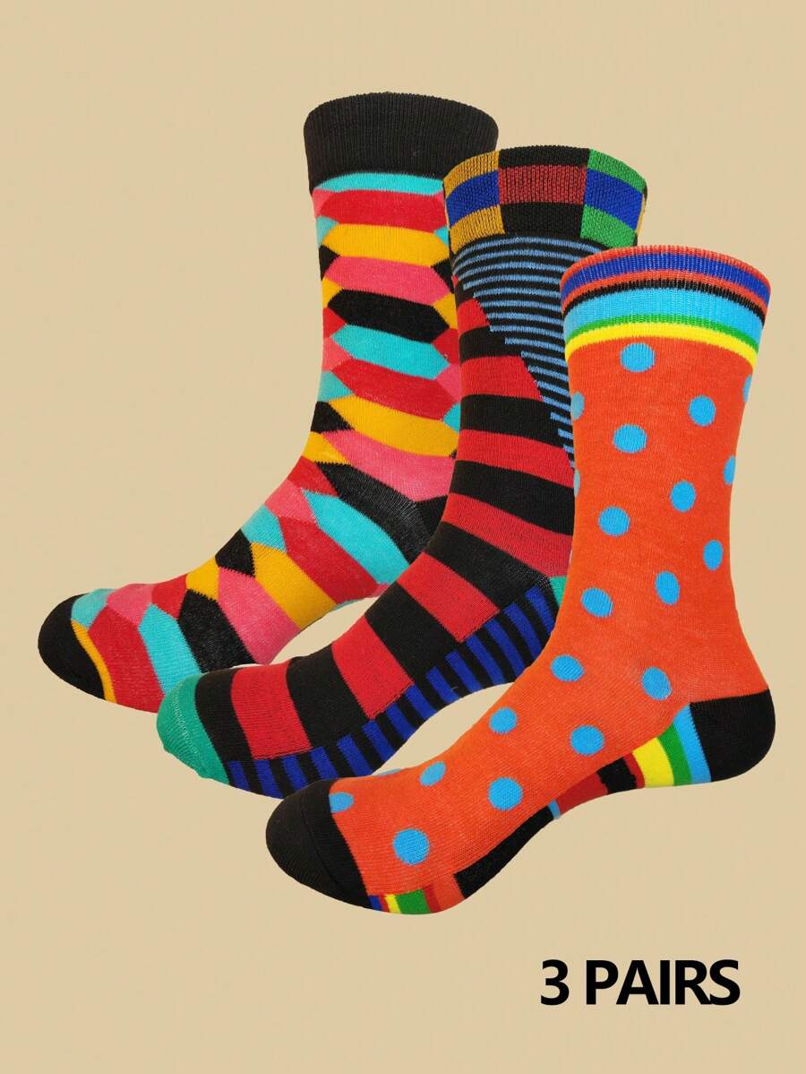 3 Pairs Unisex Polyester Colorful Patterned Mid-Calf Casual Sports Socks, All Season