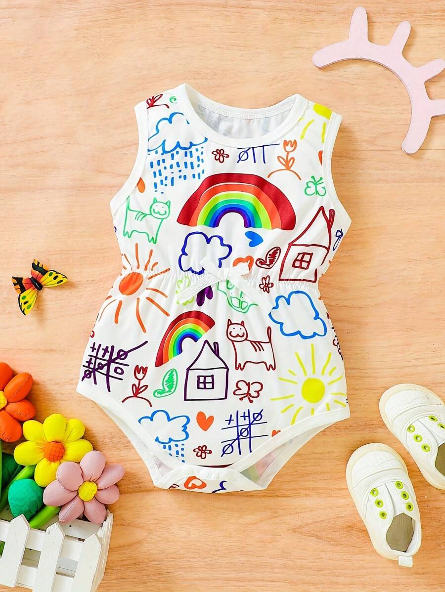 Pelele sin mangas para bebé niña de verano con estampado de sol y arcoíris de dibujos animados