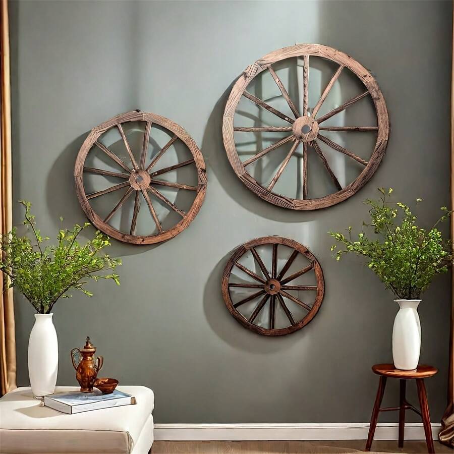 3 Pcs Wooden Wagon Wheel Decor, 3 Inch Vintage Western Style Wall Art, Farmhouse Wagon Wheel Rustic Yard Hanging Decor For Garden, Home, Bar, Garage