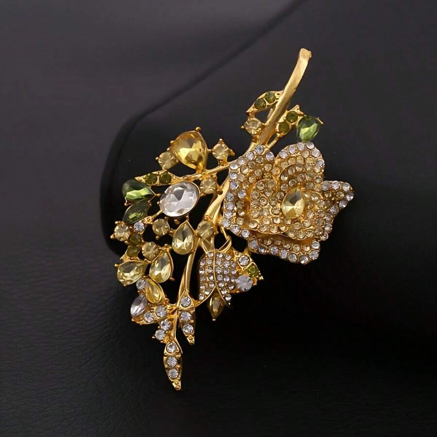 Fashionable Rose-Shaped Multi-Colored Rhinestone Brooch, Suit/Shirt Jewelry Accessory For Women Party Dress